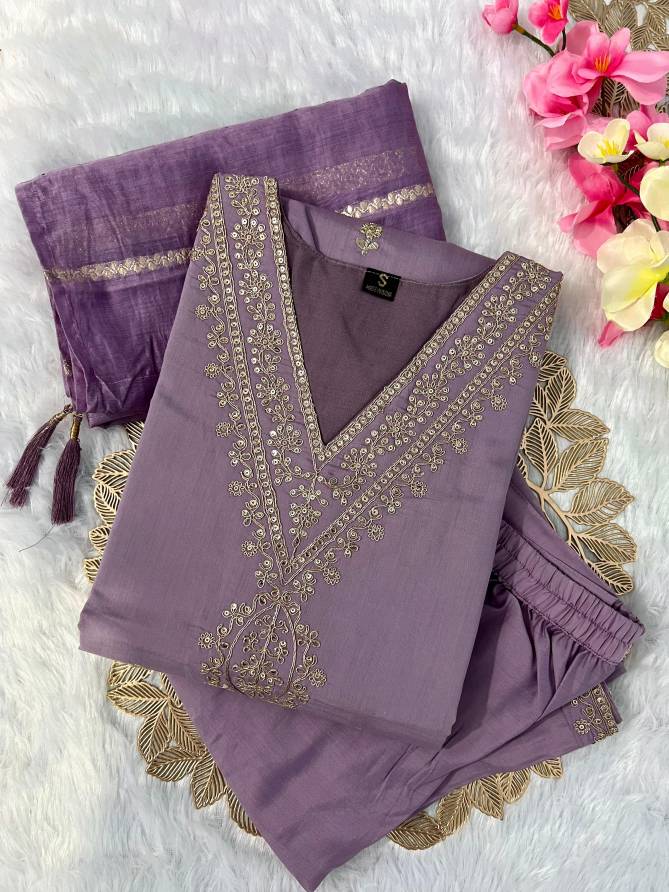 VT Designer Lavender Roman Silk Embroidery Kurti With Bottom Dupatta Wholesale Market In Surat
